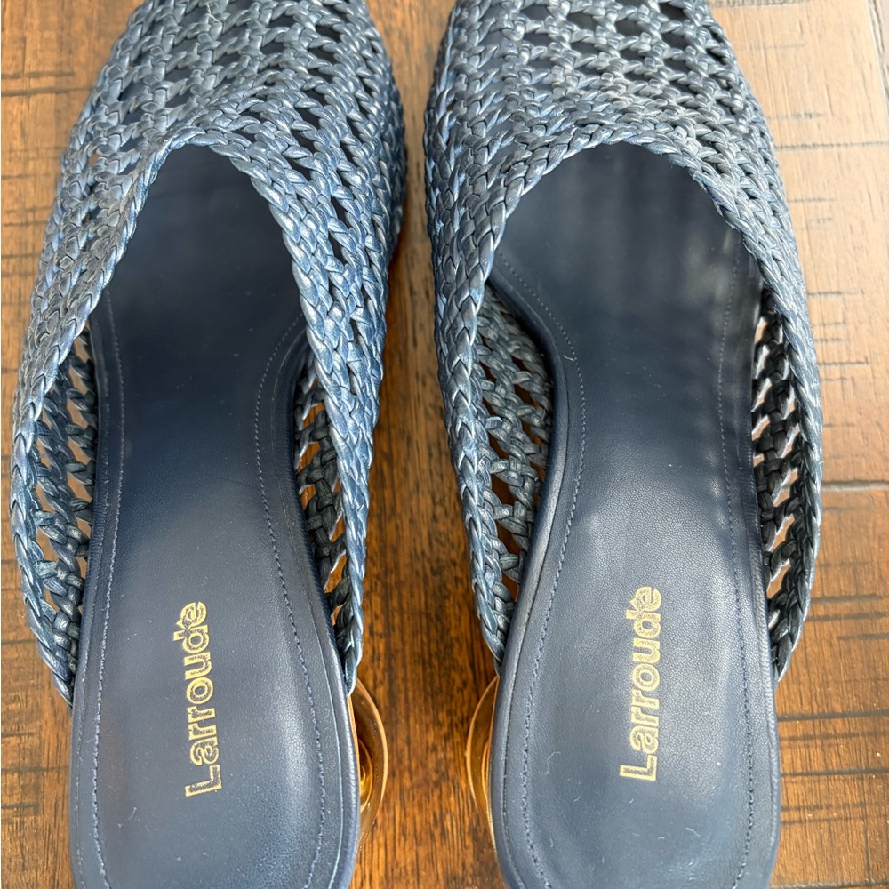 Larroude Navy Woven Slide Mules